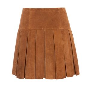 NWT Alice + Olivia Emilie Pleated Suede Mini Skirt in Camel